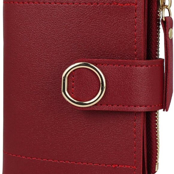 Women’s Faux Leather Wallet Compact Bifold Card Holder with Zipper Red - Picture 1 of 6